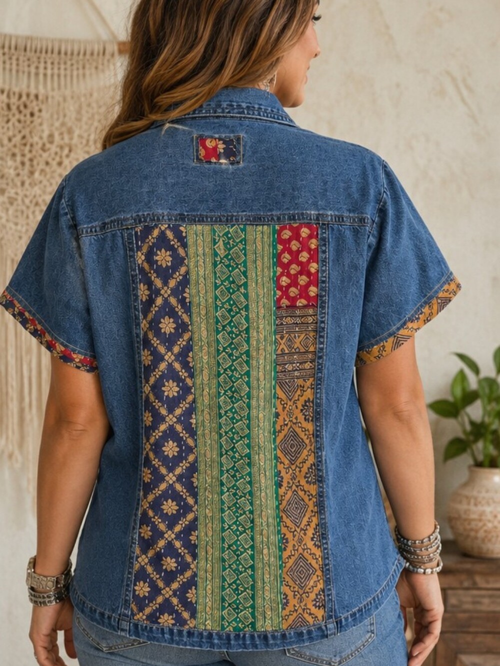 Upcycled Kantha Patchwork Vintage Denim Buttondown Shirt, Size L - Picture 2 of 7